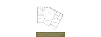 A floor plan of an apartment with a living room, kitchen, two bathrooms, a bedroom, and a balcony.