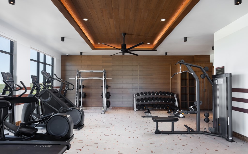 A home gym with a variety of equipment including treadmills, weights, and a bench press.