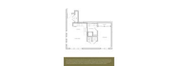 A floor plan of an apartment with a living room, kitchen, bathroom, bedroom and closet.