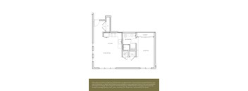 A floor plan of an apartment with a living room, kitchen, bathroom, bedroom, and laundry area.