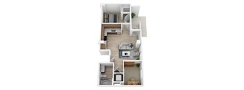 a stylized floor plan with a bedroom and a living room