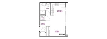 A floor plan of a studio apartment with a kitchen, entry, and bathroom.