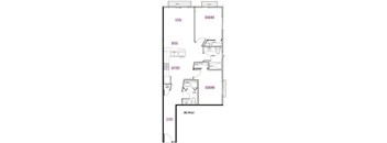 A floor plan of a house with a living room, dining room, kitchen, and two bedrooms.