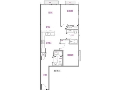 A floor plan of a house with a living room, dining room, kitchen, and two bedrooms.