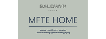 A sign that says MFTE Home with a note that income qualification is required and to contact the leasing agent before applying.