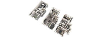 Three different floor plans of an apartment are displayed.