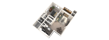 A 3D floor plan of a small apartment with a kitchen, living room, and bathroom.