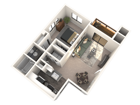 A 3D floor plan of a small apartment with a kitchen, living room, and bathroom.