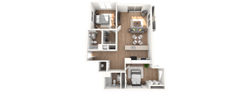 A 3D floor plan of a house with a kitchen, living room, and two bedrooms.