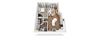 A 3D floor plan of a small apartment with a kitchen, living room, and bedroom.