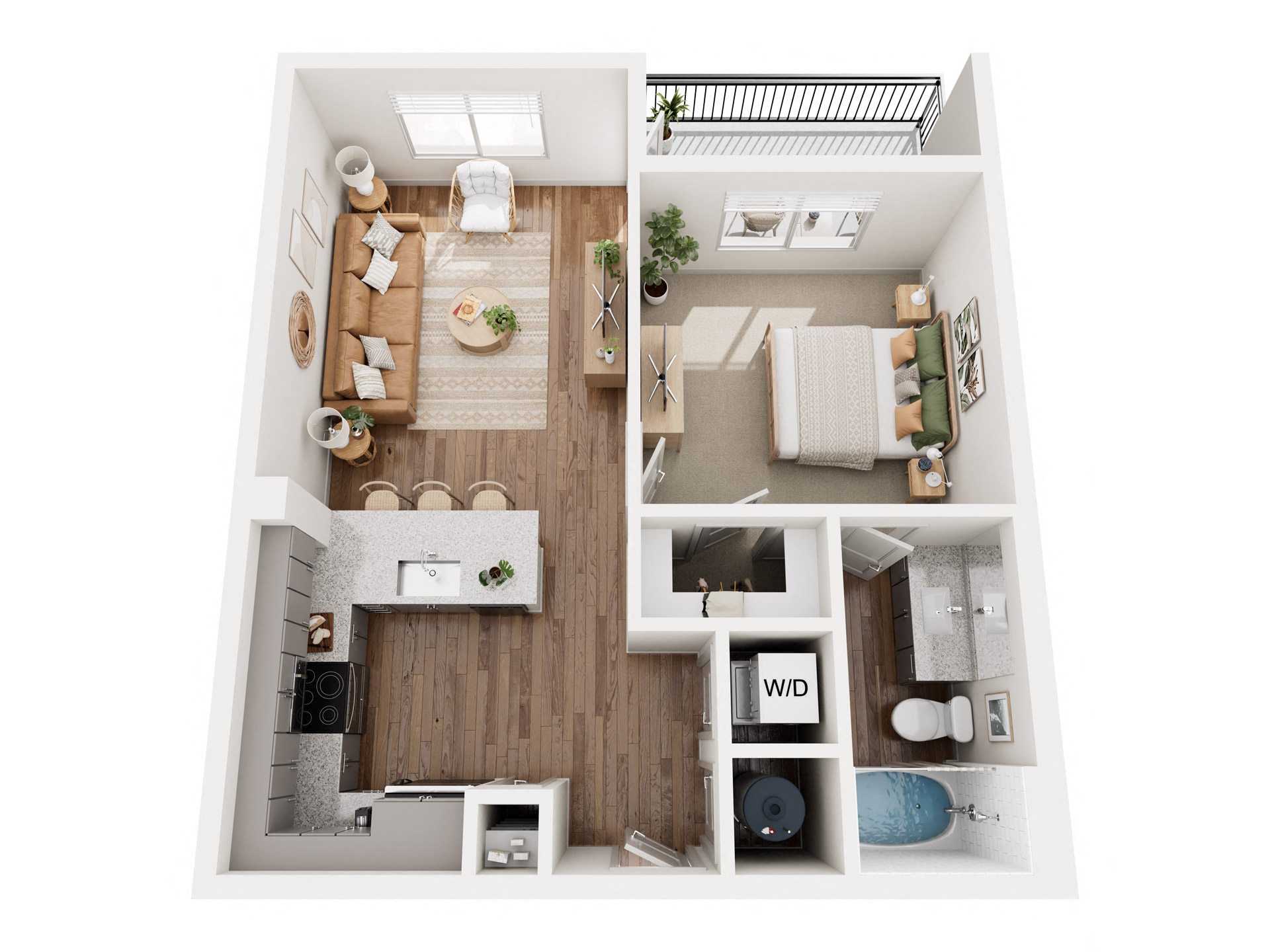 a 3d floor plan of a bedroom with a wood floor