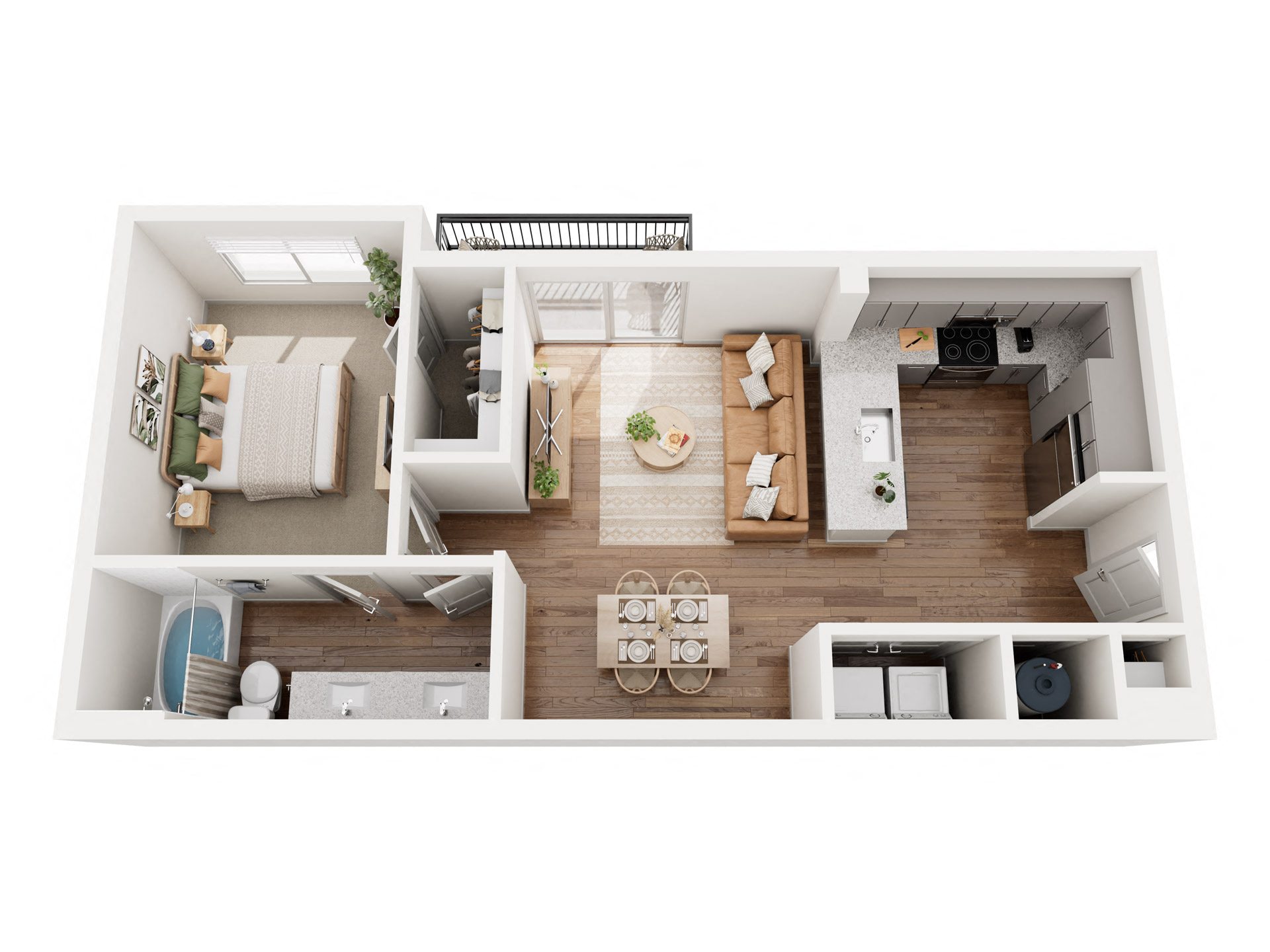 a stylized floor plan with a bedroom and a living room