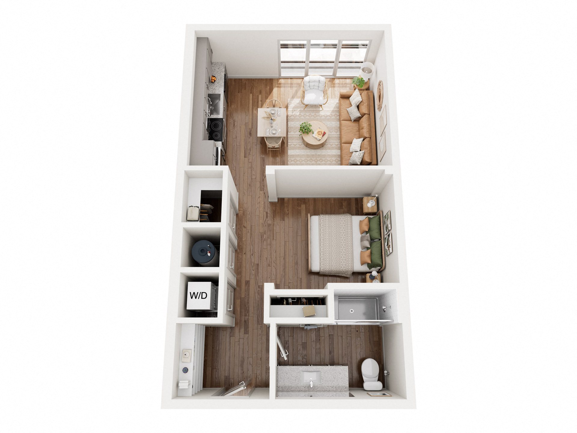 a stylized floor plan with a bedroom and a living room