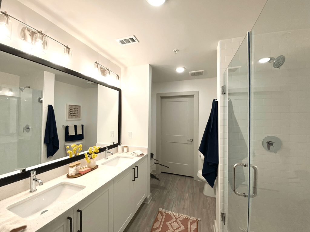 a white bathroom with two sinks and a shower