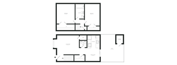 A black and white floor plan of a house with two bedrooms, a living room, a kitchen, and a bathroom.