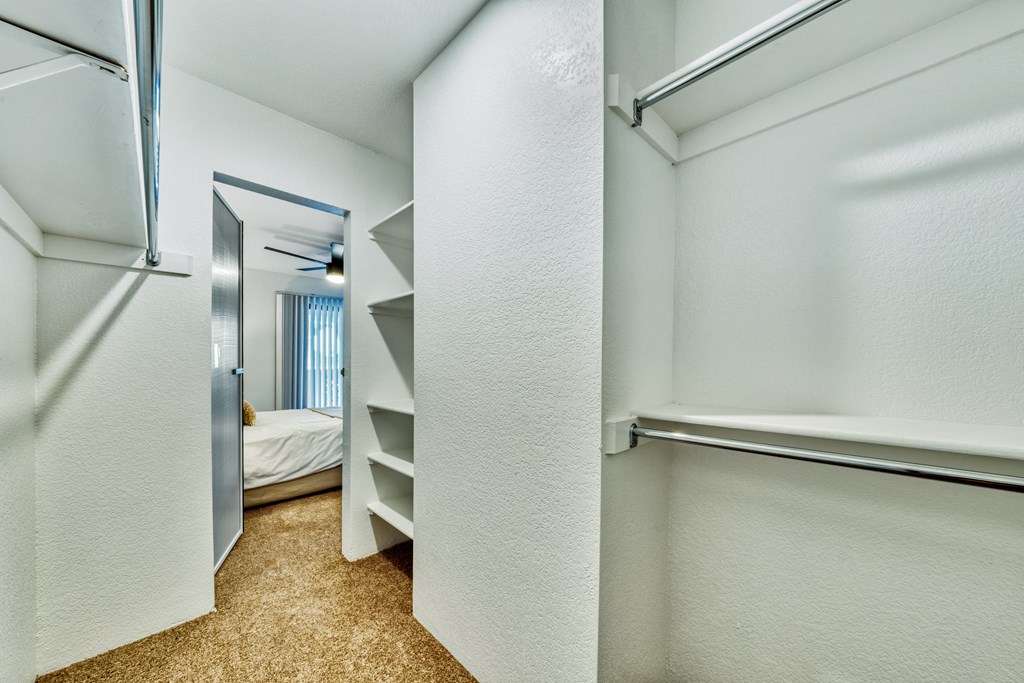 a walk in closet with shelves and a mirror in a room with a bed