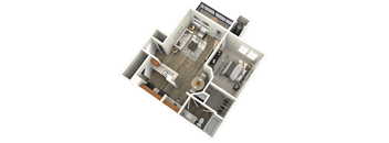 A 3D floor plan of a house showing a kitchen, living room, and two bedrooms.