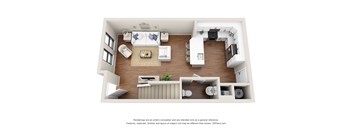 A 3D floor plan of a modern apartment with a living room, kitchen, and bathroom.