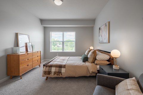 A bedroom with a bed, nightstand, and dresser.