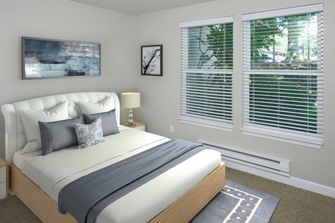 A bedroom with a large bed and a painting on the wall.