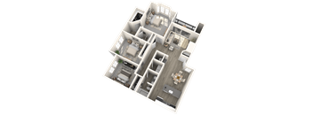 A 3D floor plan of a house with multiple rooms and furniture.