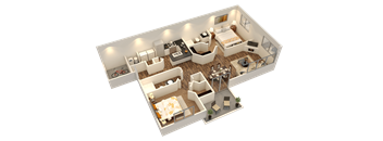 A 3D rendered image of a modern, well-furnished apartment.