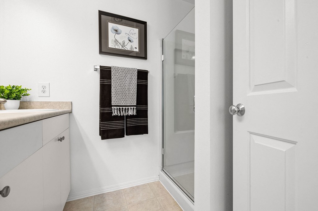 a bathroom with a shower and sink