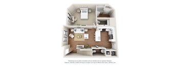 A 3D floor plan of a house with a kitchen, living room, and two bedrooms.
