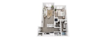 A top-down view of a small, neatly organized apartment with a bedroom, living room, and kitchen.
