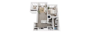 A top-down view of a small, neatly organized apartment with a kitchen, living room, and bedroom.
