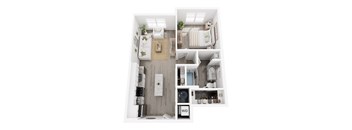 A floor plan of a small apartment with a living room, kitchen, and bathroom.