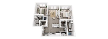 A top-down view of a small, neatly organized apartment.
