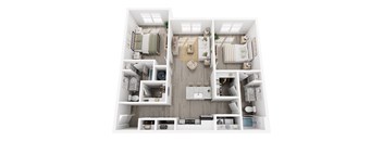 A top-down view of a small, neatly organized apartment with a bedroom, living room, and kitchen.