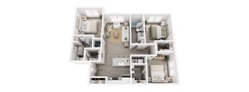 A top-down view of a small, neatly organized apartment with a kitchen, living room, and bedrooms.