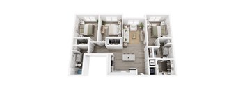 A top-down view of a well-organized apartment with a kitchen, living room, and bedrooms.