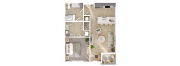 A top-down view of a small apartment with a kitchen, living room, and bathroom.