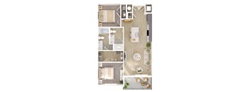 A series of images showing different layouts of a room with a bed, a desk, a couch, and a potted plant.