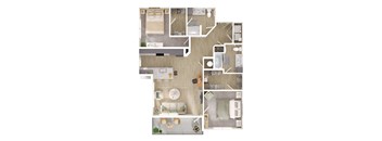 A top-down view of a house layout with a kitchen, living room, dining area, and bedrooms.