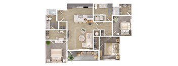 A top-down view of a house layout with multiple rooms and furniture.