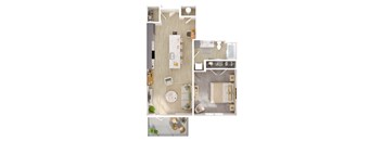 A floor plan of a small apartment with a kitchen, living room, and bathroom.
