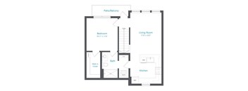 A floor plan of a house with a bedroom, living room, kitchen, bath, and walk-in closet.