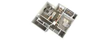 A 3D floor plan of a house showing a kitchen, living room, dining room, and bedrooms.