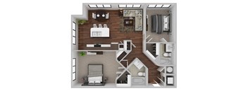 A top-down view of a house layout with a living room, kitchen, bedrooms, and bathrooms.