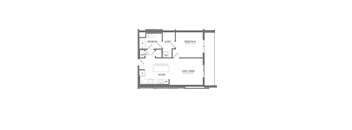 A floor plan of a small apartment with a living room, kitchen, and two bedrooms.