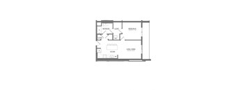 A floor plan of a small apartment with a living room, kitchen, and two bedrooms.