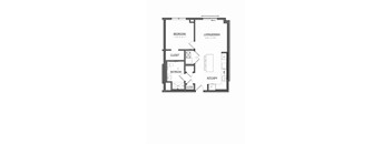 A floor plan of a small apartment with a living room, dining room, kitchen, and two bedrooms.