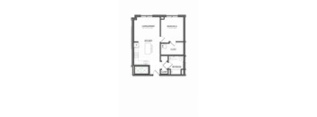 A black and white image of a floor plan for a small apartment.
