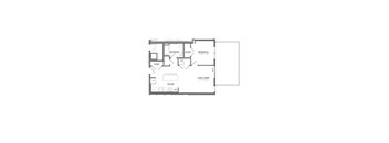 A floor plan of a house with a living room, dining room, kitchen, and two bedrooms.