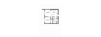 A floor plan of a small apartment with a living room, kitchen, bedroom, and bathroom.