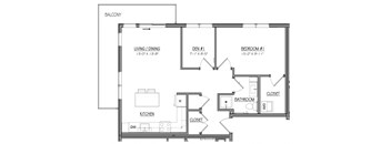 A black and white image of a balcony floor plan with a living/dining area, kitchen, bathroom, and bedrooms.